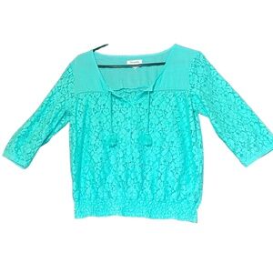 Aéropostale Blouse Womens Medium Teal Lace Floral 3/4 Sleeve Bohemian Chic‎ Lace